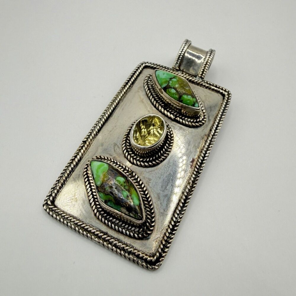 925 Sterling Silver Turquoise & Topaz Heavy Statement Pendant Southwestern